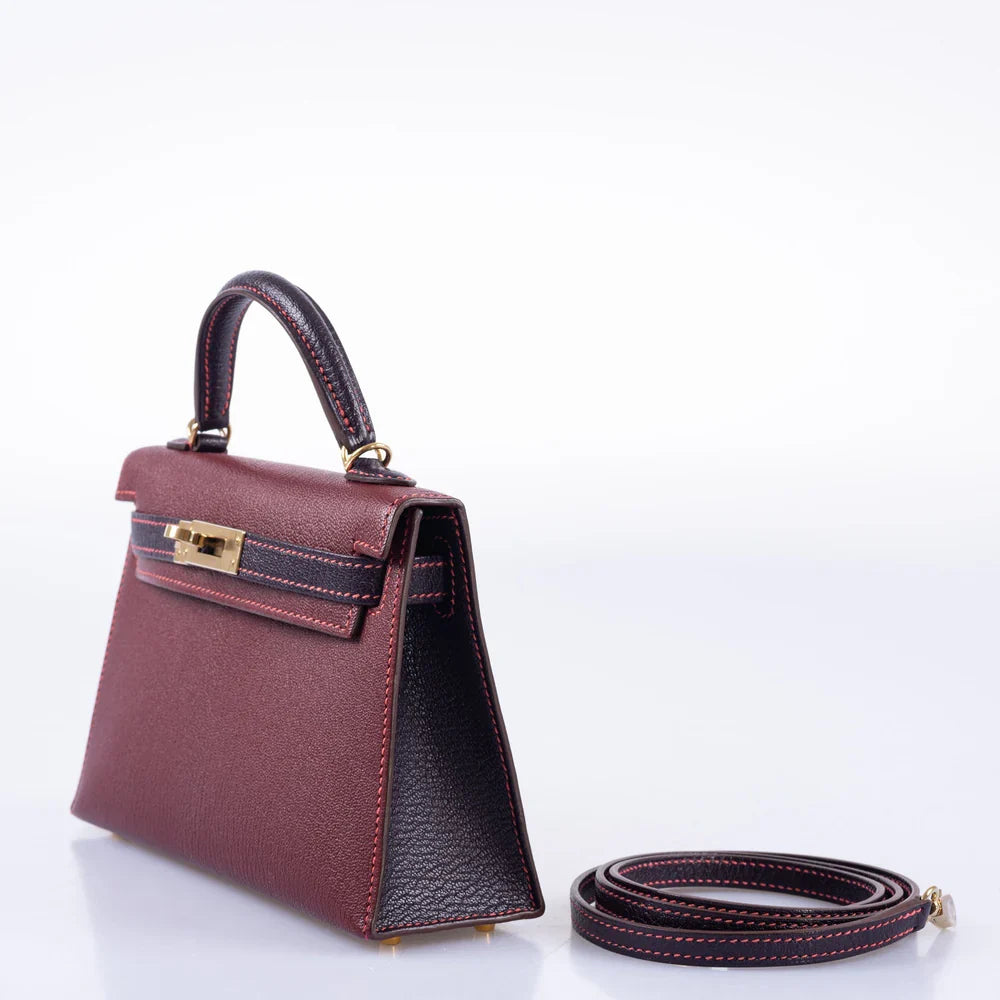 HSS MINI KELLY 20 BORDEAUX AND RAISIN CHEVRE GOLD HARDWARE