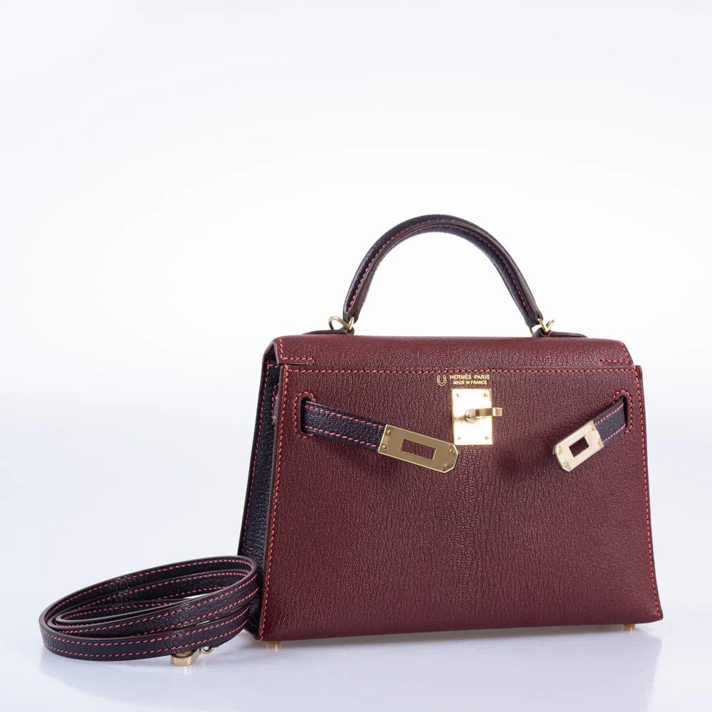 HSS MINI KELLY 20 BORDEAUX AND RAISIN CHEVRE GOLD HARDWARE