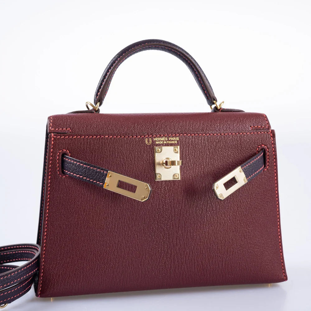 HSS MINI KELLY 20 BORDEAUX AND RAISIN CHEVRE GOLD HARDWARE
