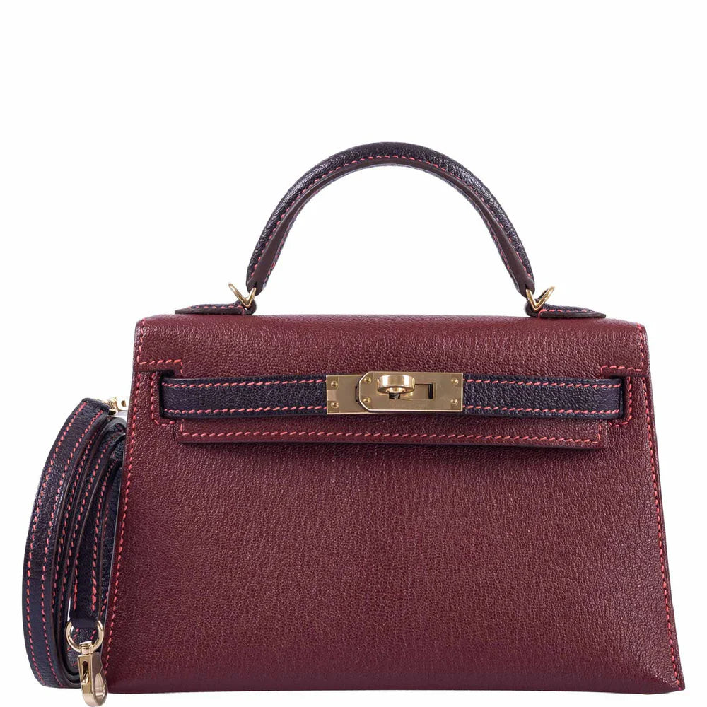 HSS MINI KELLY 20 BORDEAUX AND RAISIN CHEVRE GOLD HARDWARE