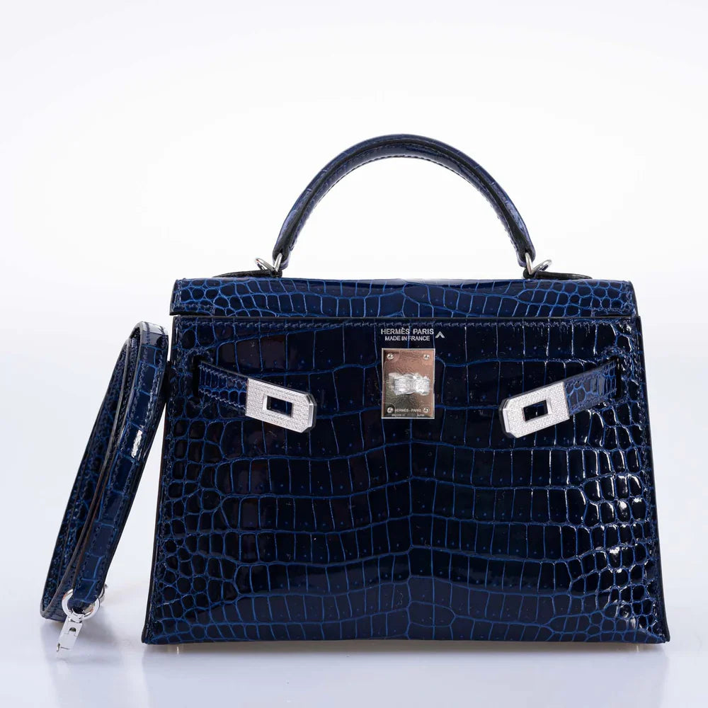 KELLY 20 MINI II SELLIER BLUE SAPPHIRE POROSUS CROCODILE WHITE GOLD HARDWARE WITH DIAMONDS