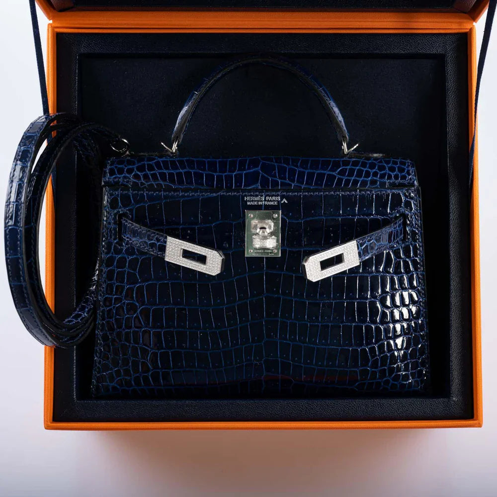 KELLY 20 MINI II SELLIER BLUE SAPPHIRE POROSUS CROCODILE WHITE GOLD HARDWARE WITH DIAMONDS