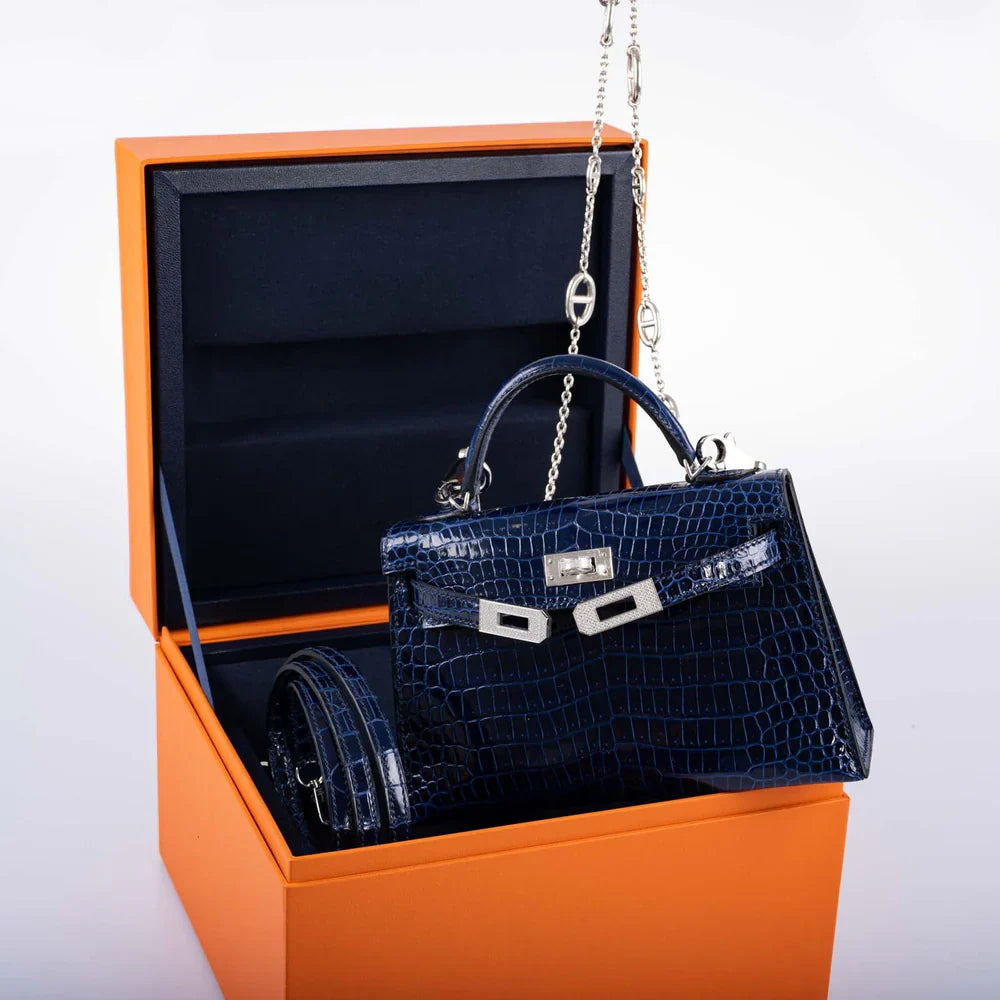KELLY 20 MINI II SELLIER BLUE SAPPHIRE POROSUS CROCODILE WHITE GOLD HARDWARE WITH DIAMONDS