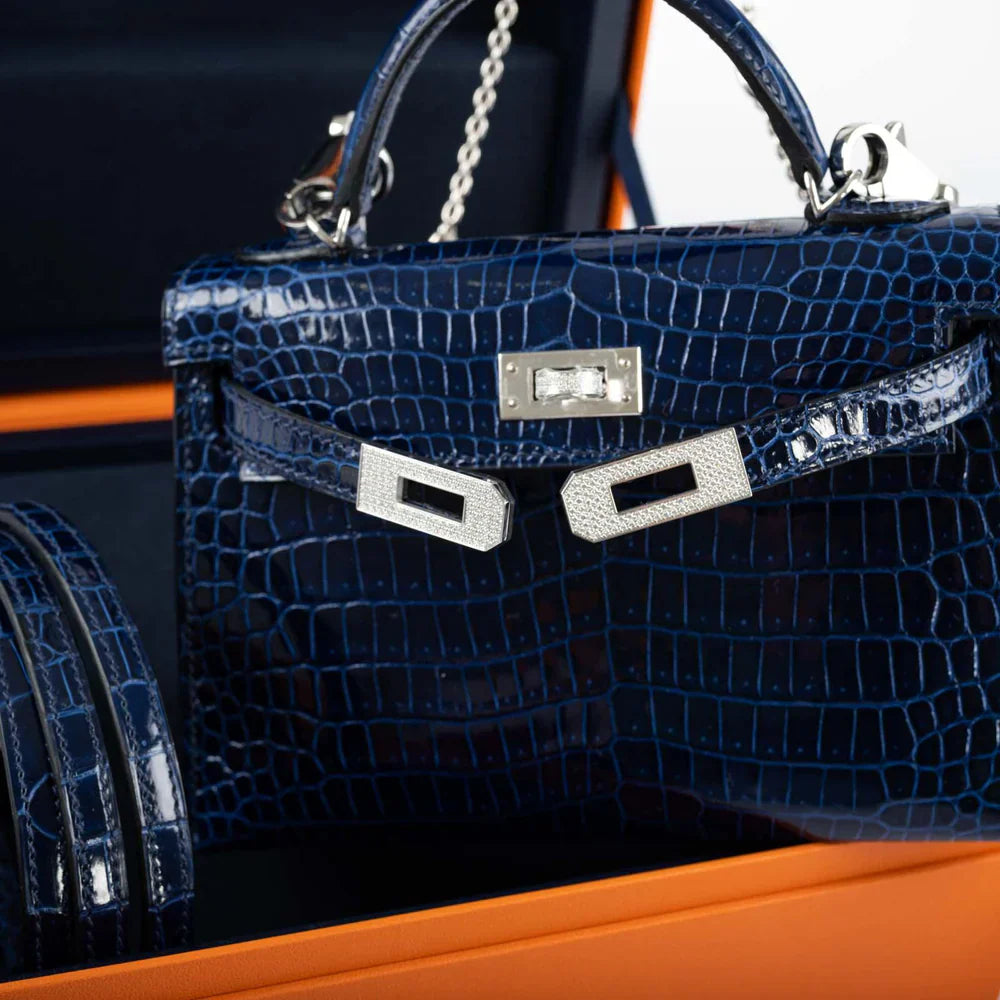 KELLY 20 MINI II SELLIER BLUE SAPPHIRE POROSUS CROCODILE WHITE GOLD HARDWARE WITH DIAMONDS