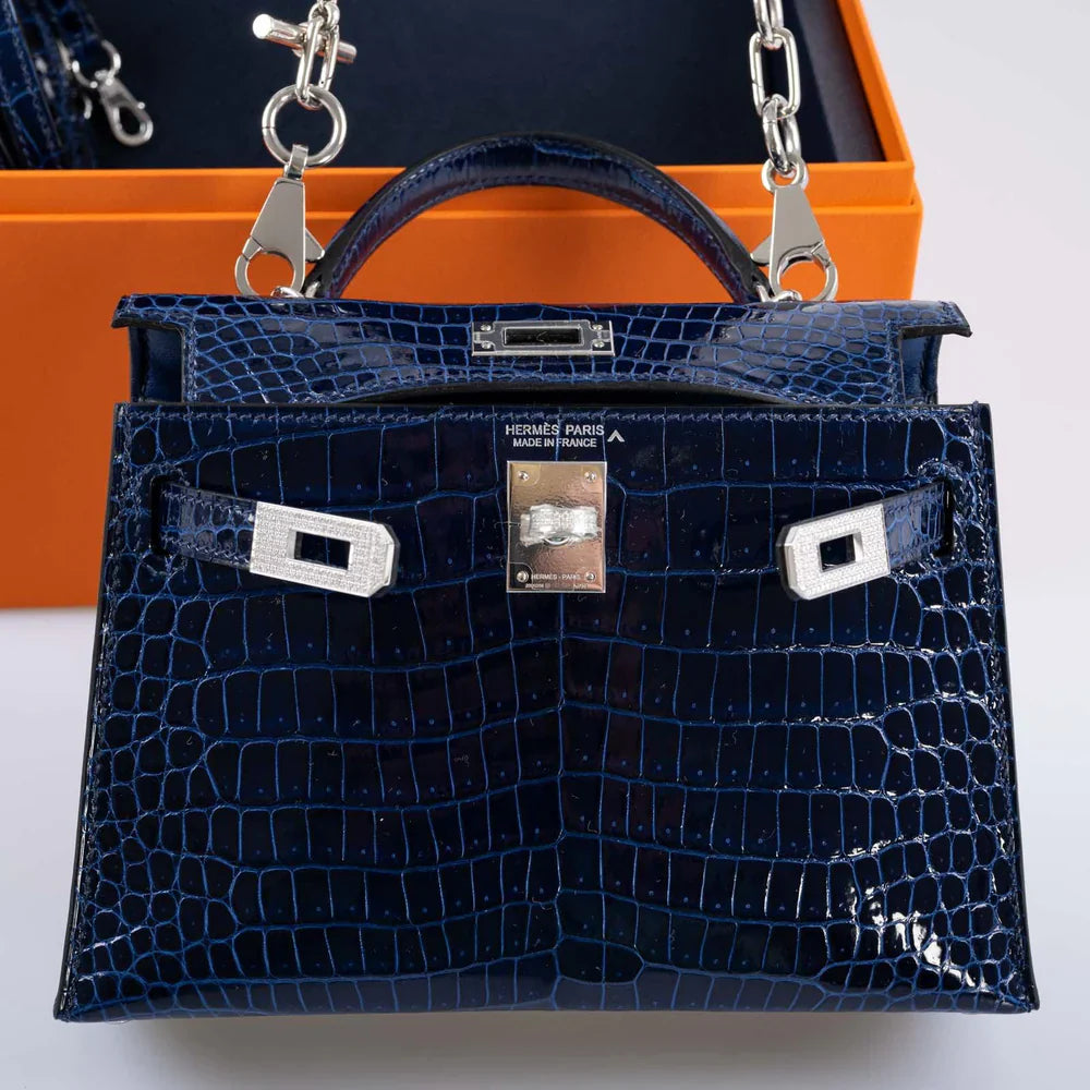 KELLY 20 MINI II SELLIER BLUE SAPPHIRE POROSUS CROCODILE WHITE GOLD HARDWARE WITH DIAMONDS