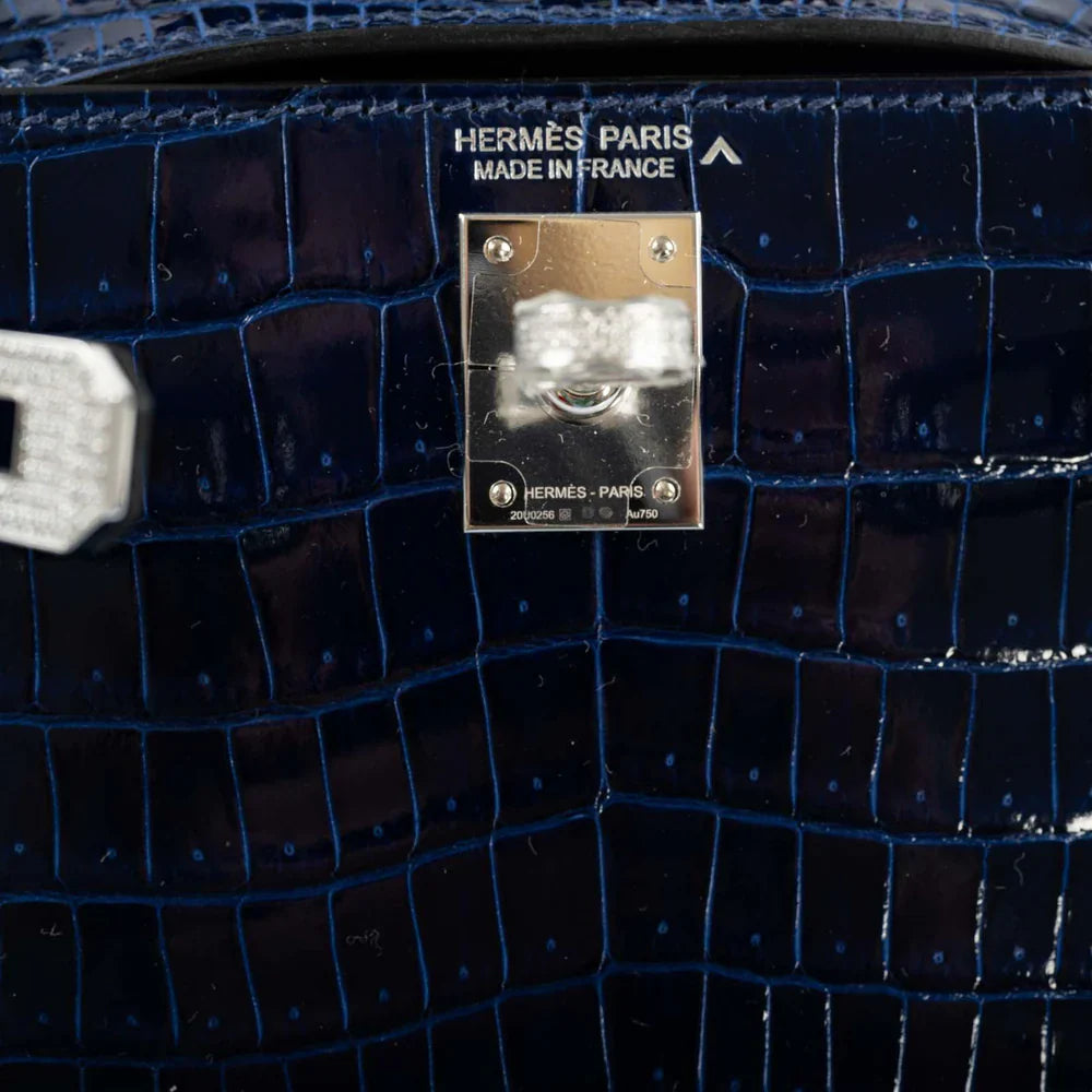 KELLY 20 MINI II SELLIER BLUE SAPPHIRE POROSUS CROCODILE WHITE GOLD HARDWARE WITH DIAMONDS