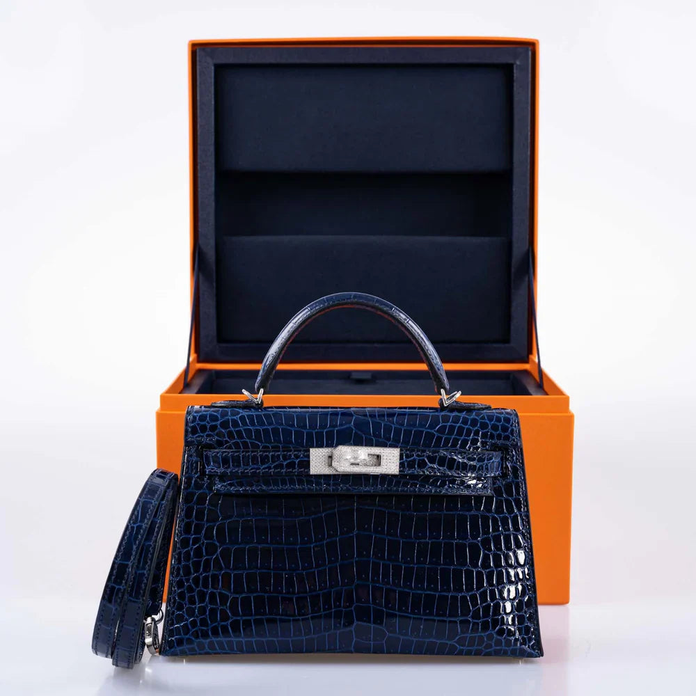 KELLY 20 MINI II SELLIER BLUE SAPPHIRE POROSUS CROCODILE WHITE GOLD HARDWARE WITH DIAMONDS