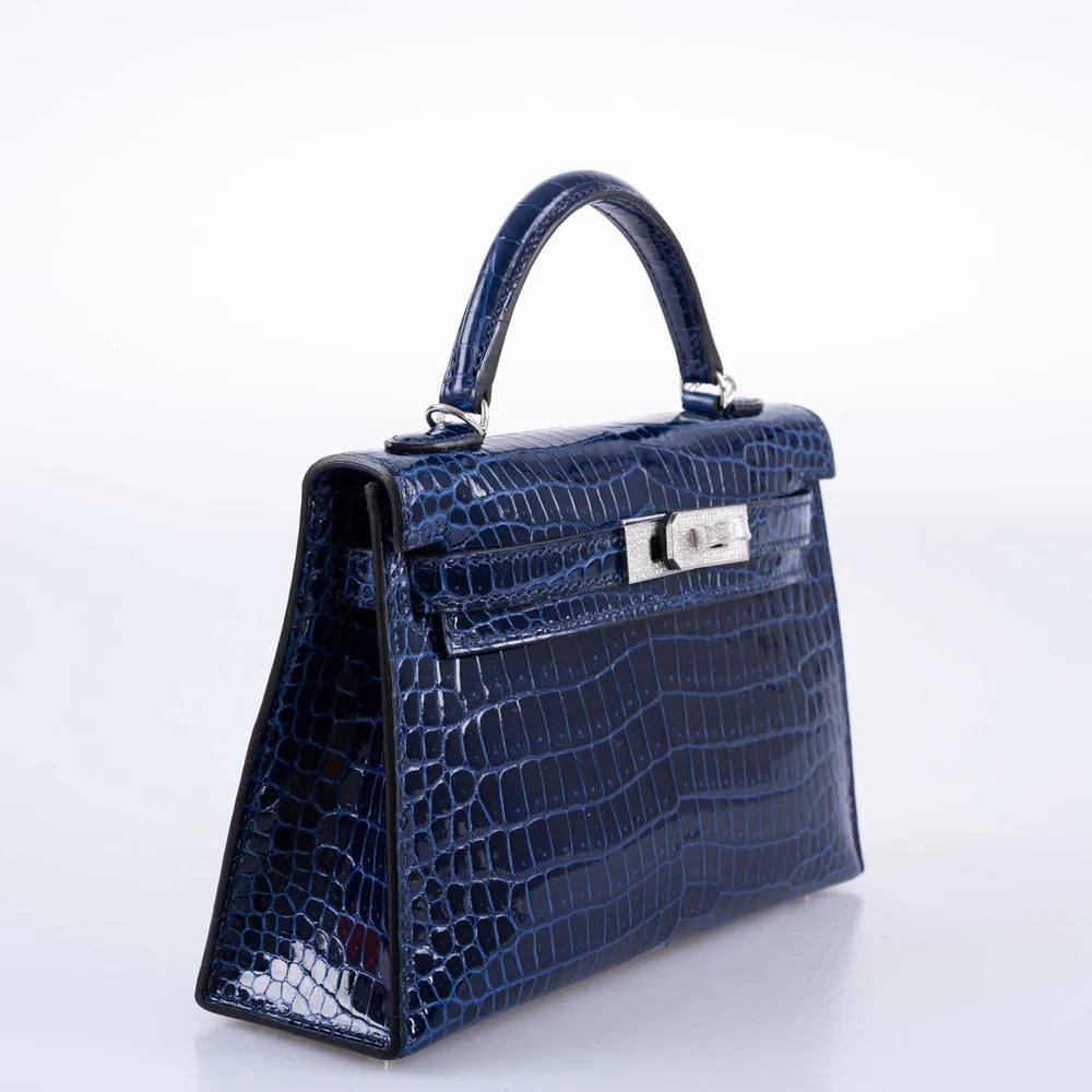 KELLY 20 MINI II SELLIER BLUE SAPPHIRE POROSUS CROCODILE WHITE GOLD HARDWARE WITH DIAMONDS