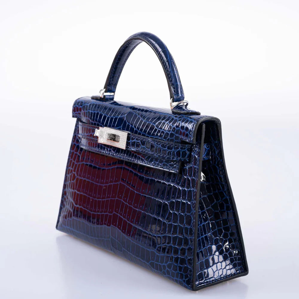 KELLY 20 MINI II SELLIER BLUE SAPPHIRE POROSUS CROCODILE WHITE GOLD HARDWARE WITH DIAMONDS