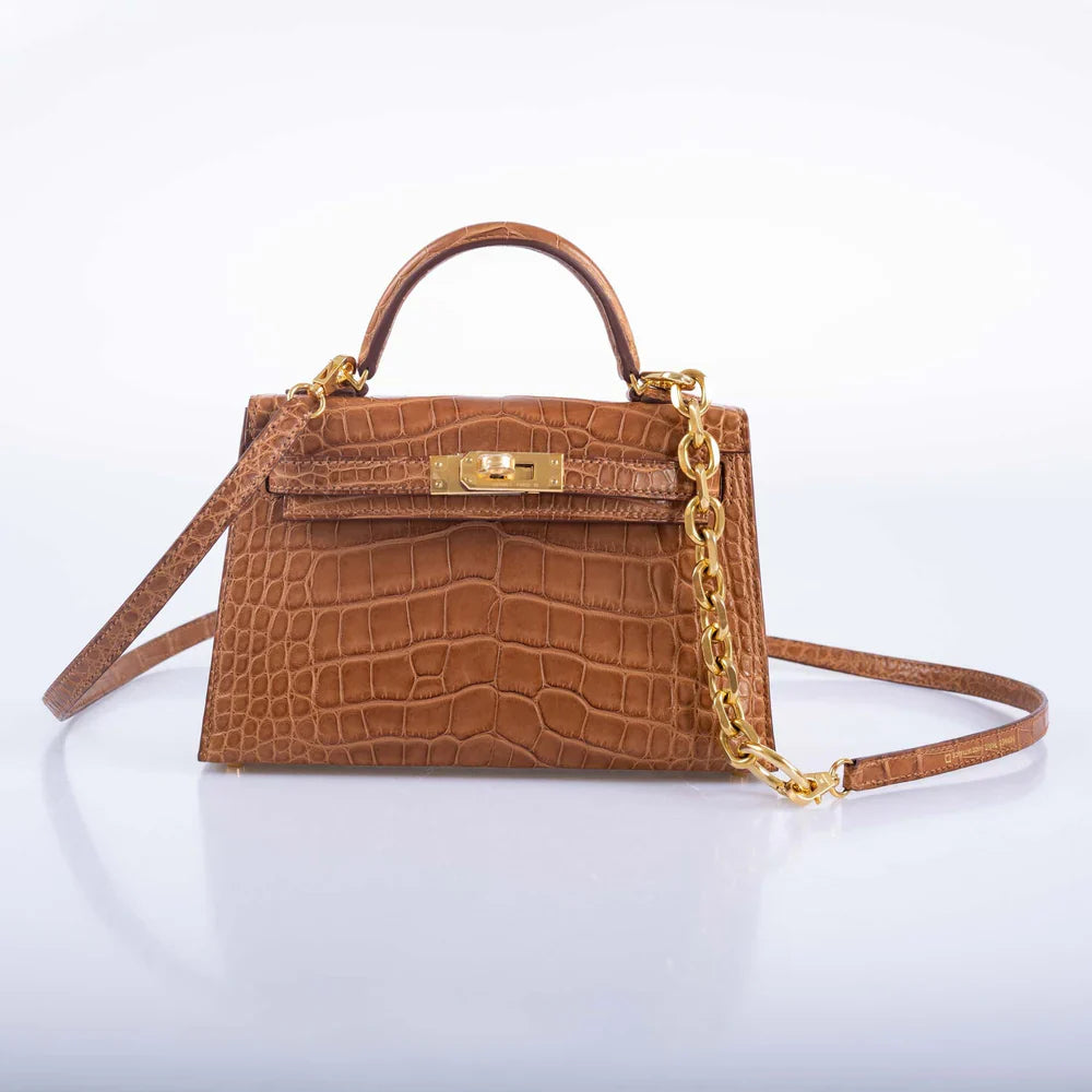 KELLY 20 MINI II SELLIER GOLD MATTE ALLIGATOR WITH GOLD HARDWARE