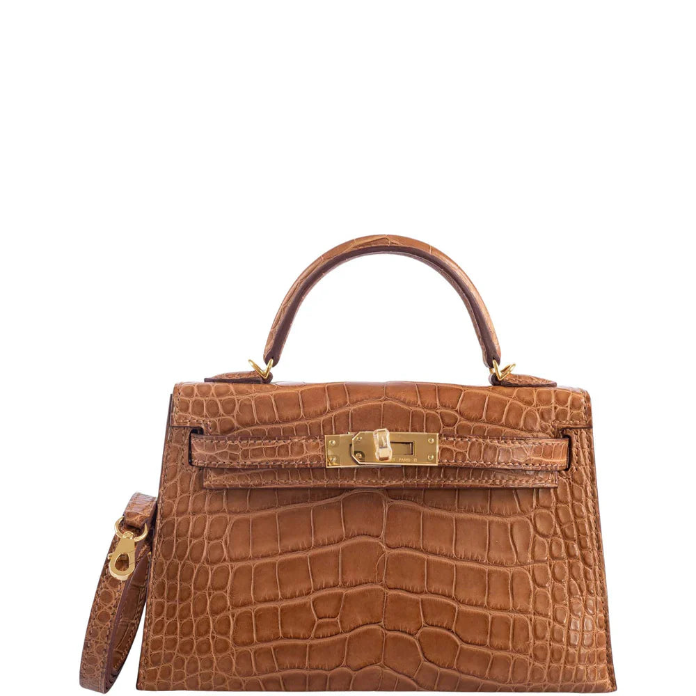 KELLY 20 MINI II SELLIER GOLD MATTE ALLIGATOR WITH GOLD HARDWARE