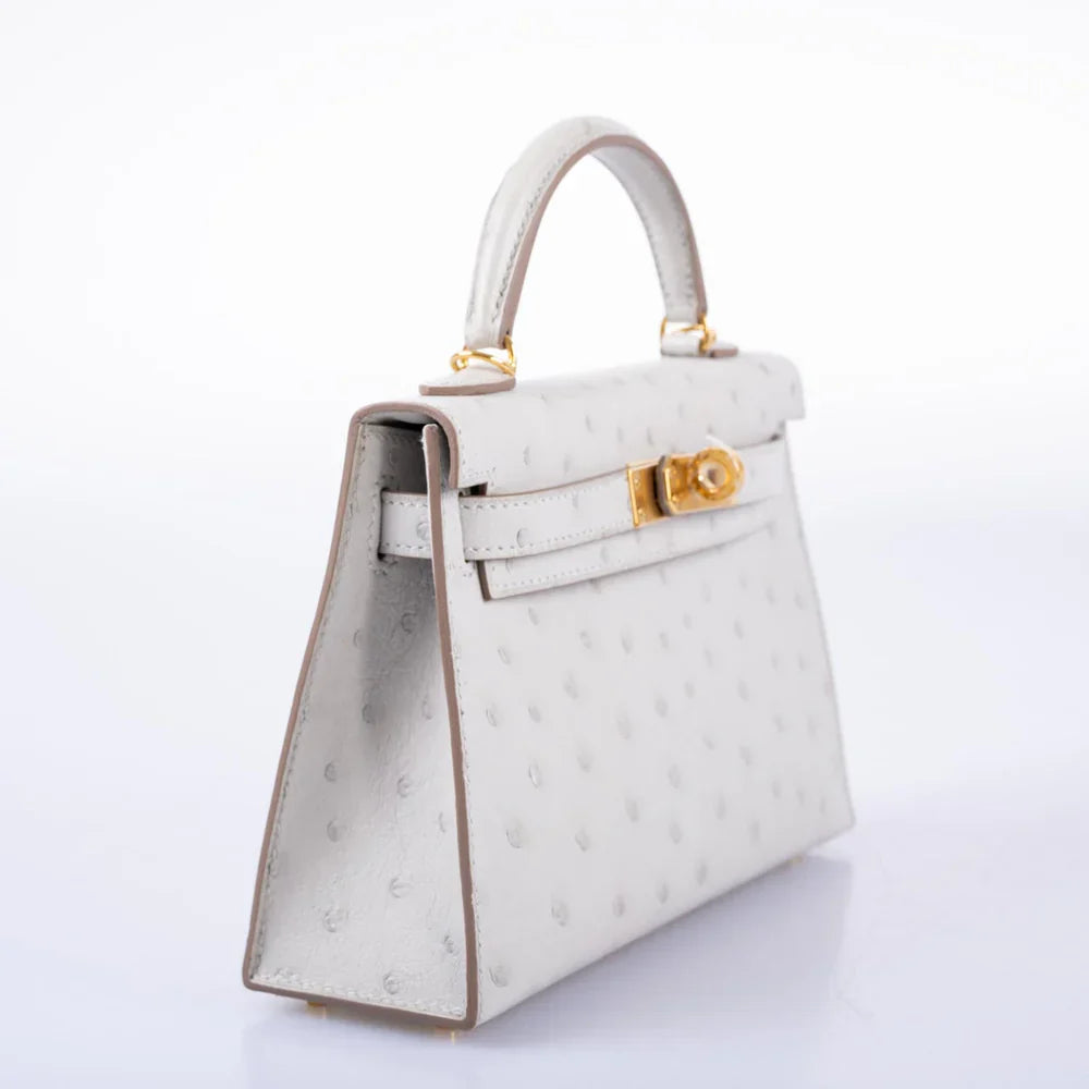 KELLY 20 MINI II SELLIER GRIS PERLE OSTRICH WITH GOLD HARDWARE