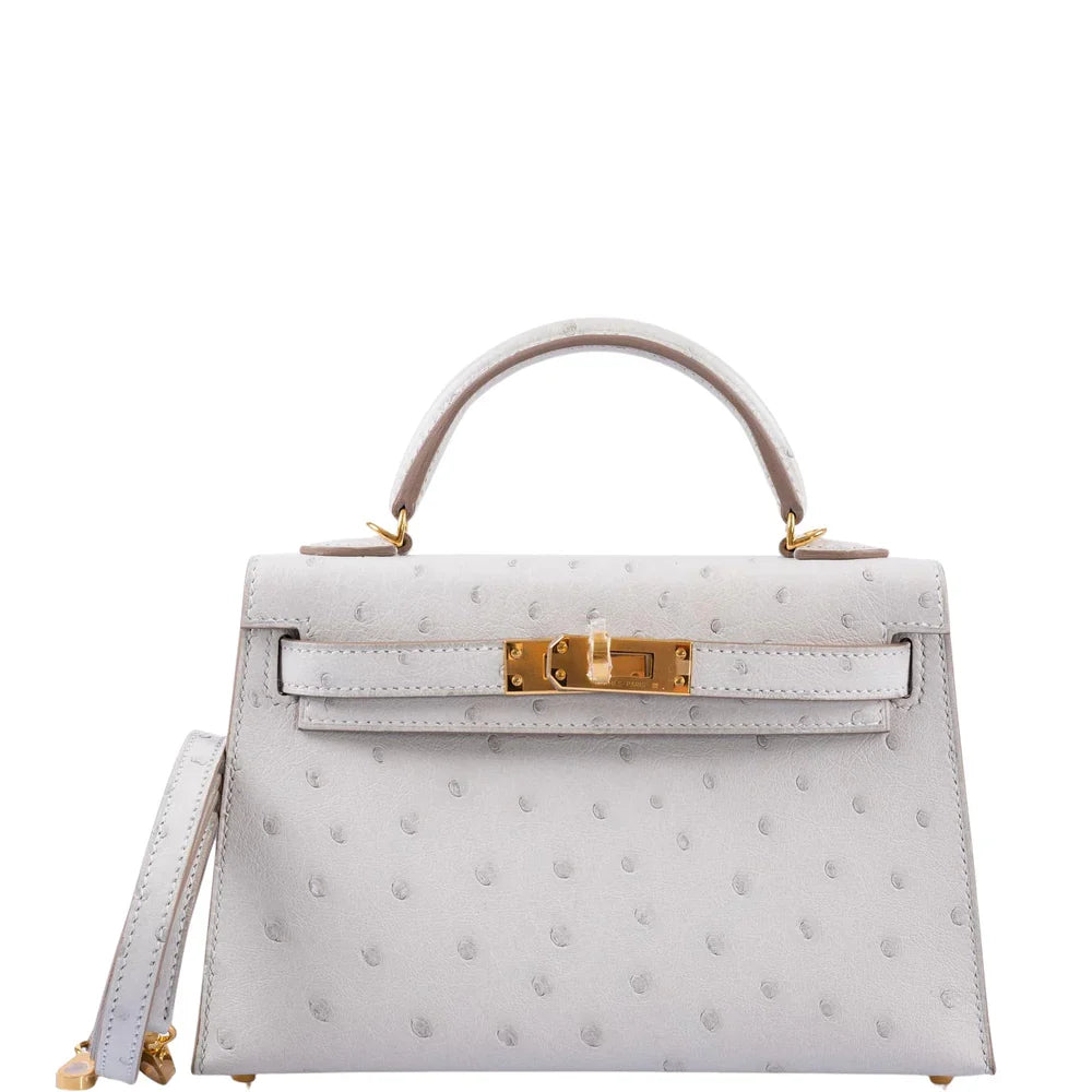 KELLY 20 MINI II SELLIER GRIS PERLE OSTRICH WITH GOLD HARDWARE