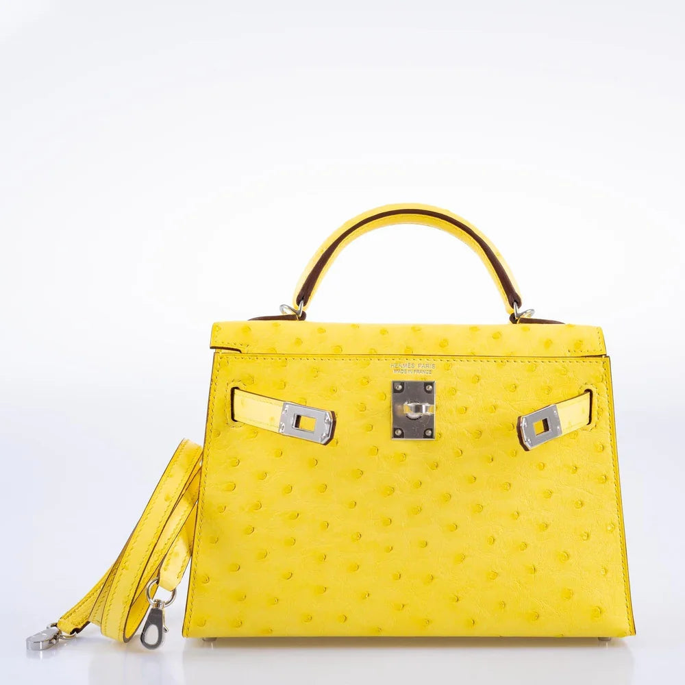 KELLY 20 MINI II SELLIER JAUNE CITRON OSTRICH PALLADIUM HARDWARE