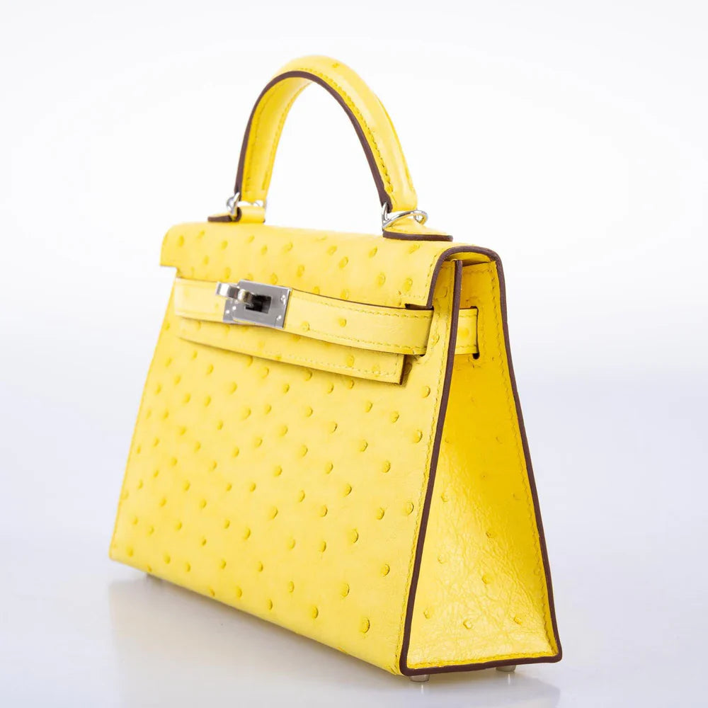 KELLY 20 MINI II SELLIER JAUNE CITRON OSTRICH PALLADIUM HARDWARE