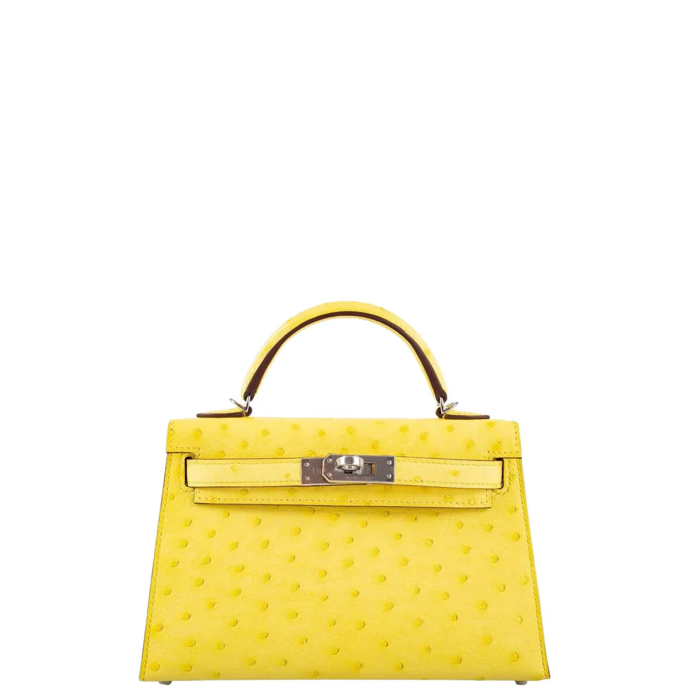 KELLY 20 MINI II SELLIER JAUNE CITRON OSTRICH PALLADIUM HARDWARE