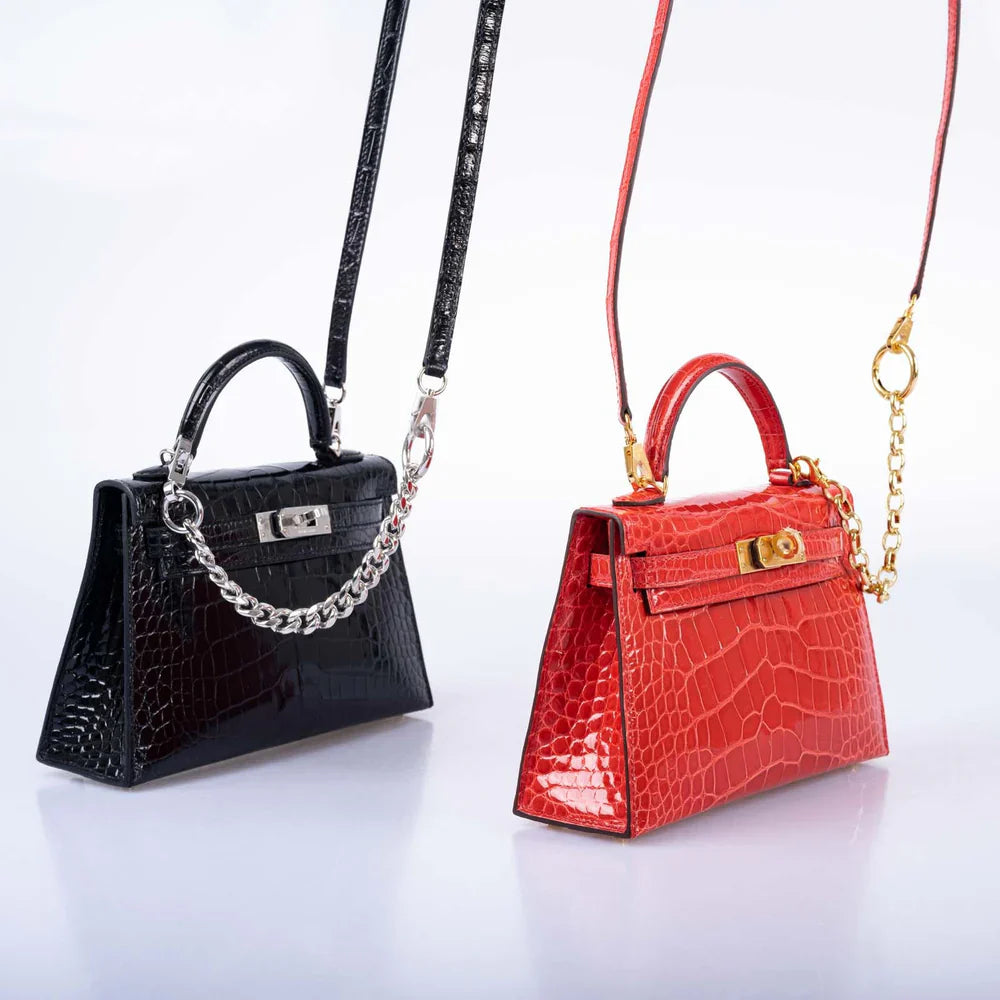KELLY 20 MINI II SELLIER ROUGE DE COEUR SHINY ALLIGATOR WITH GOLD HARDWARE