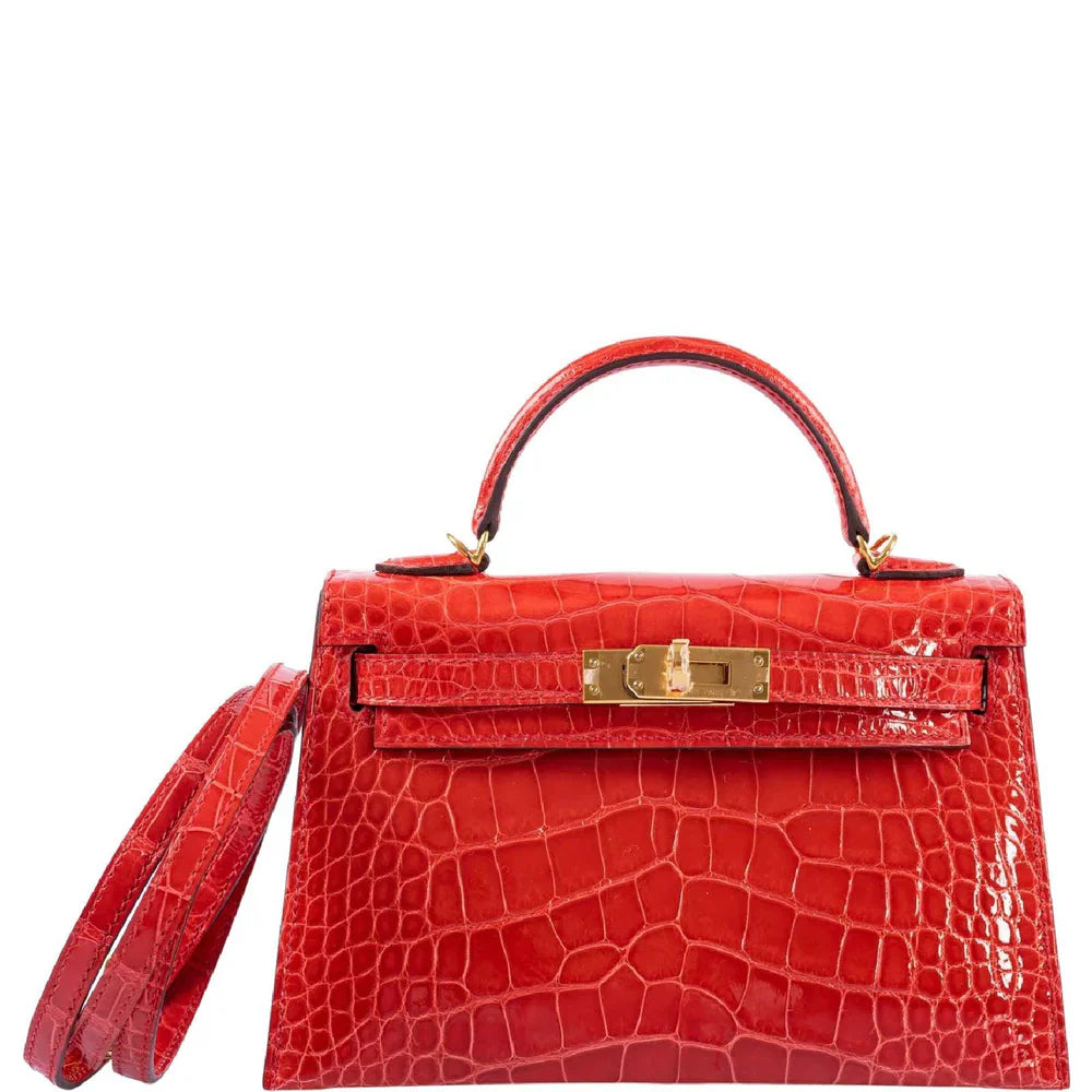 KELLY 20 MINI II SELLIER ROUGE DE COEUR SHINY ALLIGATOR WITH GOLD HARDWARE
