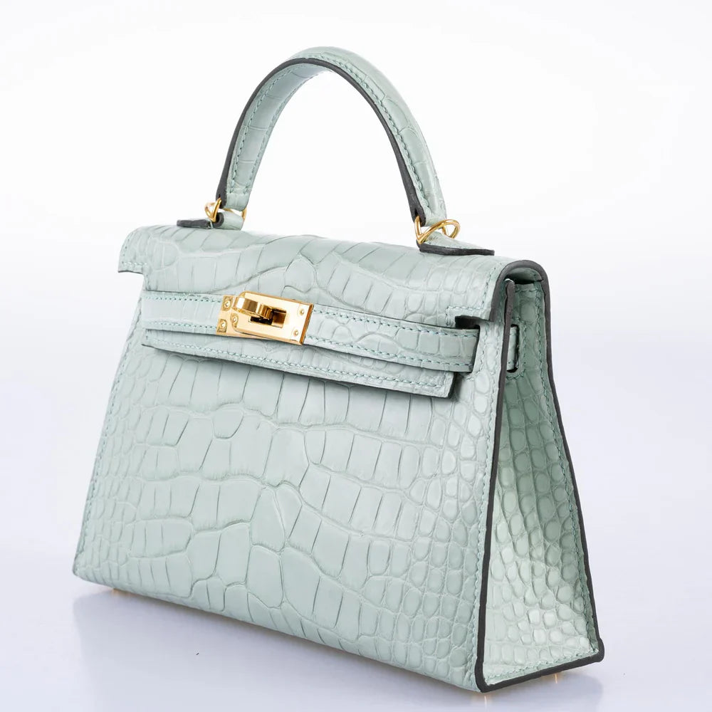 KELLY 20 MINI II SELLIER VERT D'EAU MATTE ALLIGATOR GOLD HARDWARE