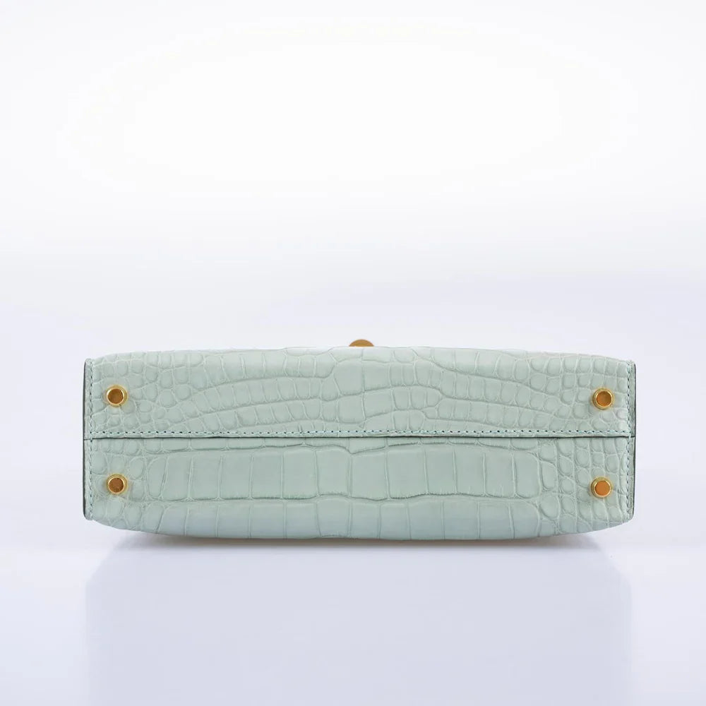 KELLY 20 MINI II SELLIER VERT D'EAU MATTE ALLIGATOR GOLD HARDWARE