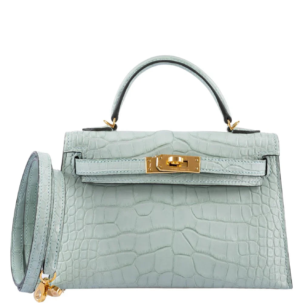 KELLY 20 MINI II SELLIER VERT D'EAU MATTE ALLIGATOR GOLD HARDWARE