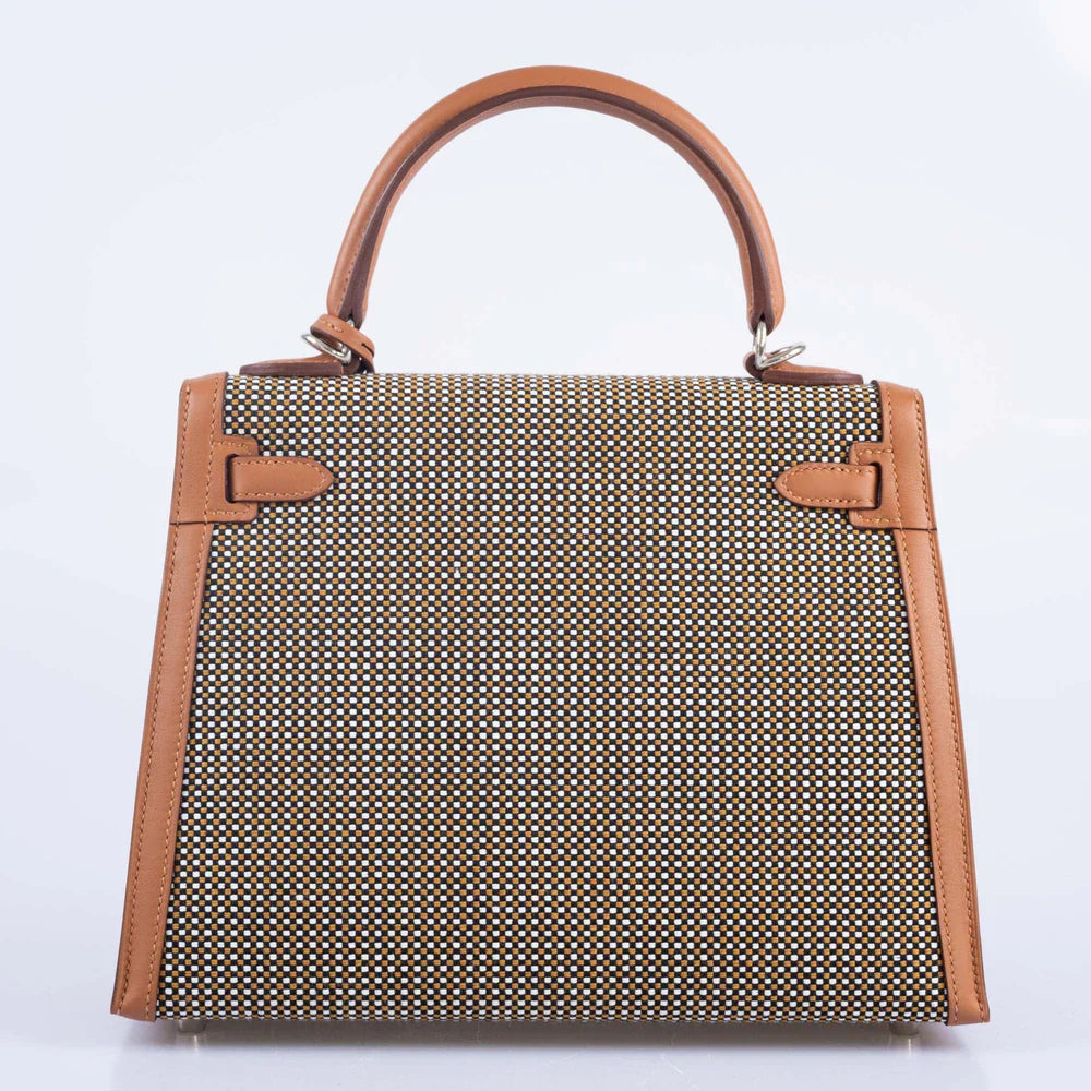 KELLY 25 SELLIER QUADRILLE SESAME SWIFT AND CANVAS PALLADIUM HARDWARE