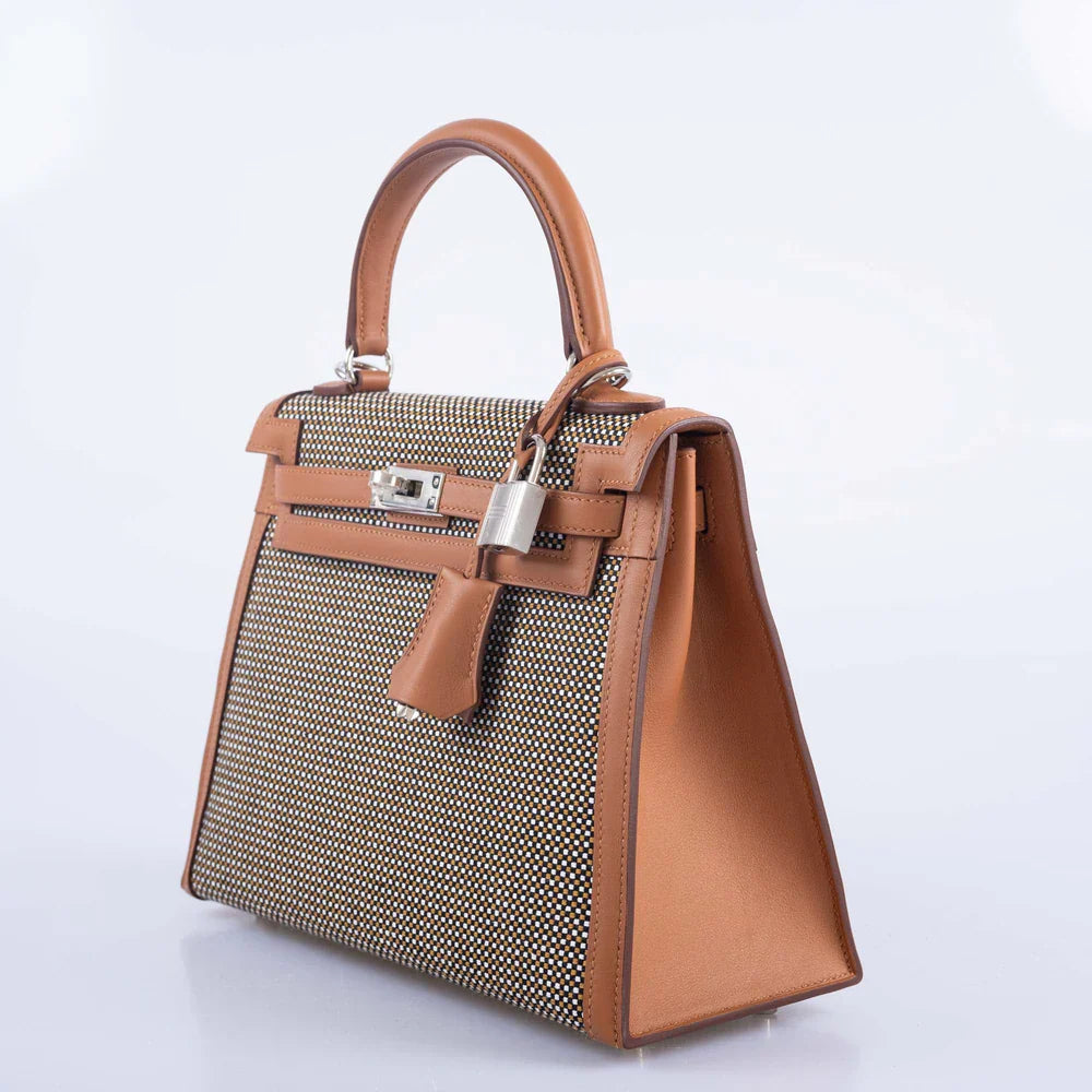 KELLY 25 SELLIER QUADRILLE SESAME SWIFT AND CANVAS PALLADIUM HARDWARE