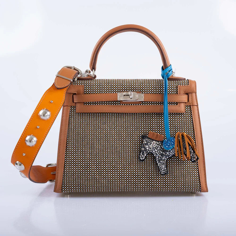 KELLY 25 SELLIER QUADRILLE SESAME SWIFT AND CANVAS PALLADIUM HARDWARE