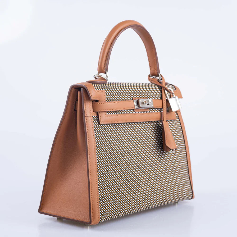 KELLY 25 SELLIER QUADRILLE SESAME SWIFT AND CANVAS PALLADIUM HARDWARE