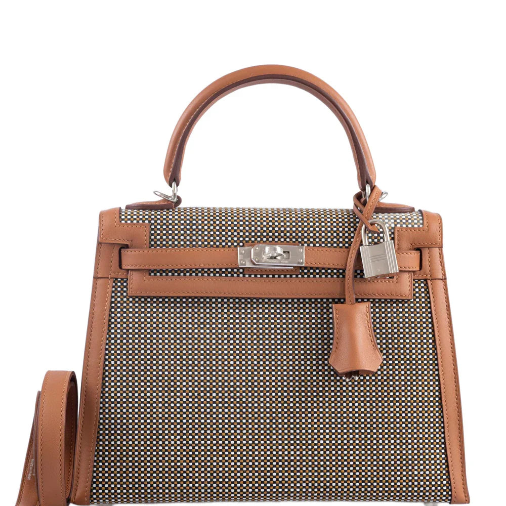 KELLY 25 SELLIER QUADRILLE SESAME SWIFT AND CANVAS PALLADIUM HARDWARE