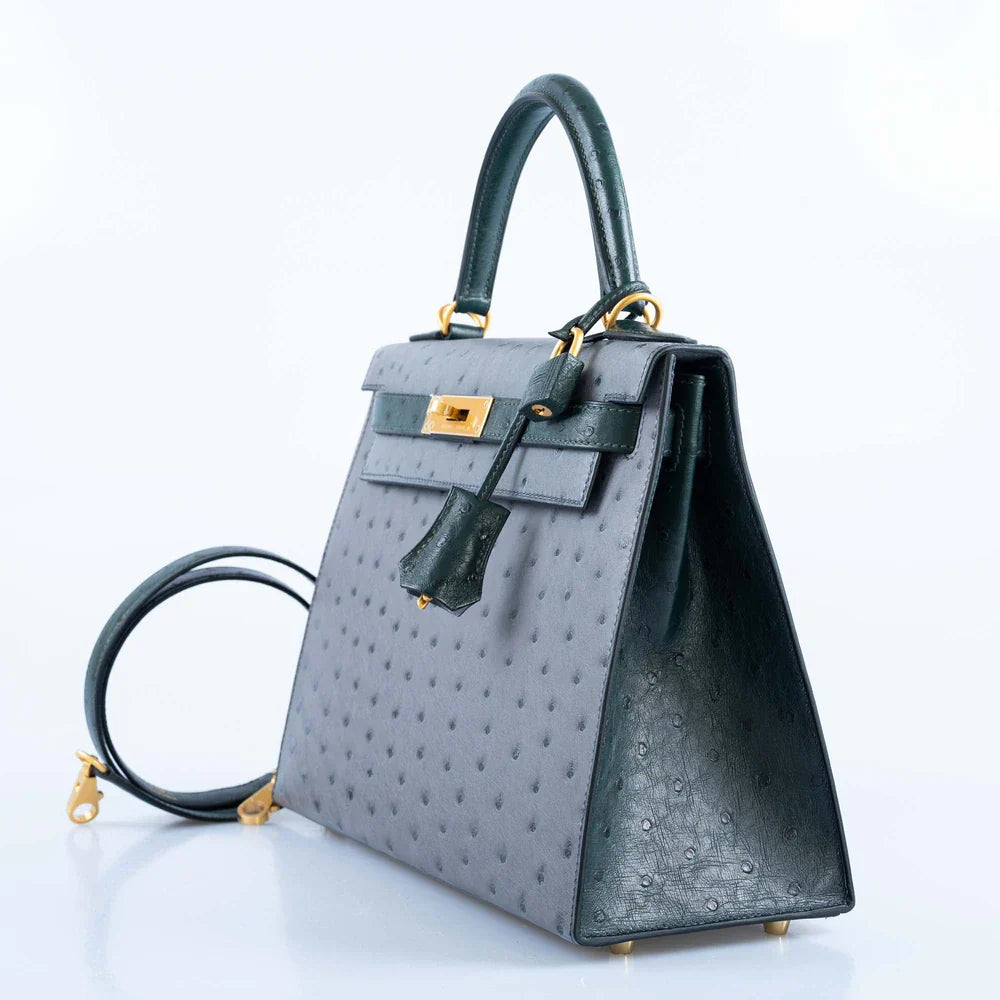 KELLY 28 HSS SELLIER GRIS AGATE AND VERT TITIEN OSTRICH BRUSHED GOLD HARDWARE