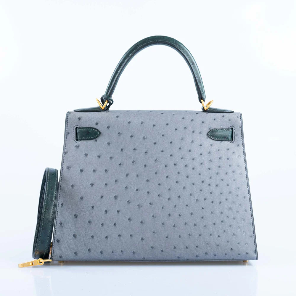 KELLY 28 HSS SELLIER GRIS AGATE AND VERT TITIEN OSTRICH BRUSHED GOLD HARDWARE