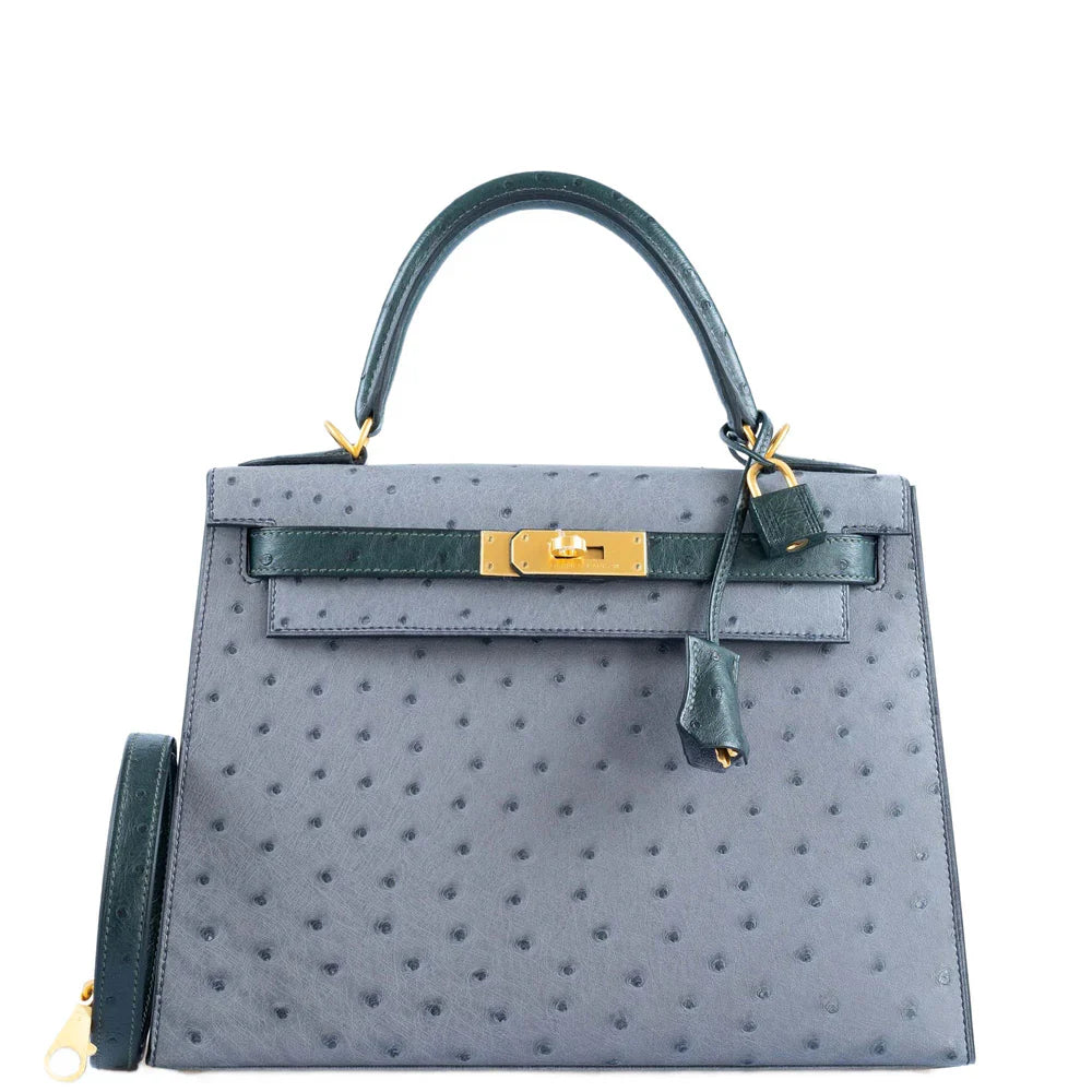 KELLY 28 HSS SELLIER GRIS AGATE AND VERT TITIEN OSTRICH BRUSHED GOLD HARDWARE
