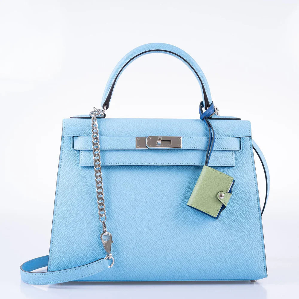KELLY 28 SELLIER BLEU CELESTE EPSOM PALLADIUM HARDWARE