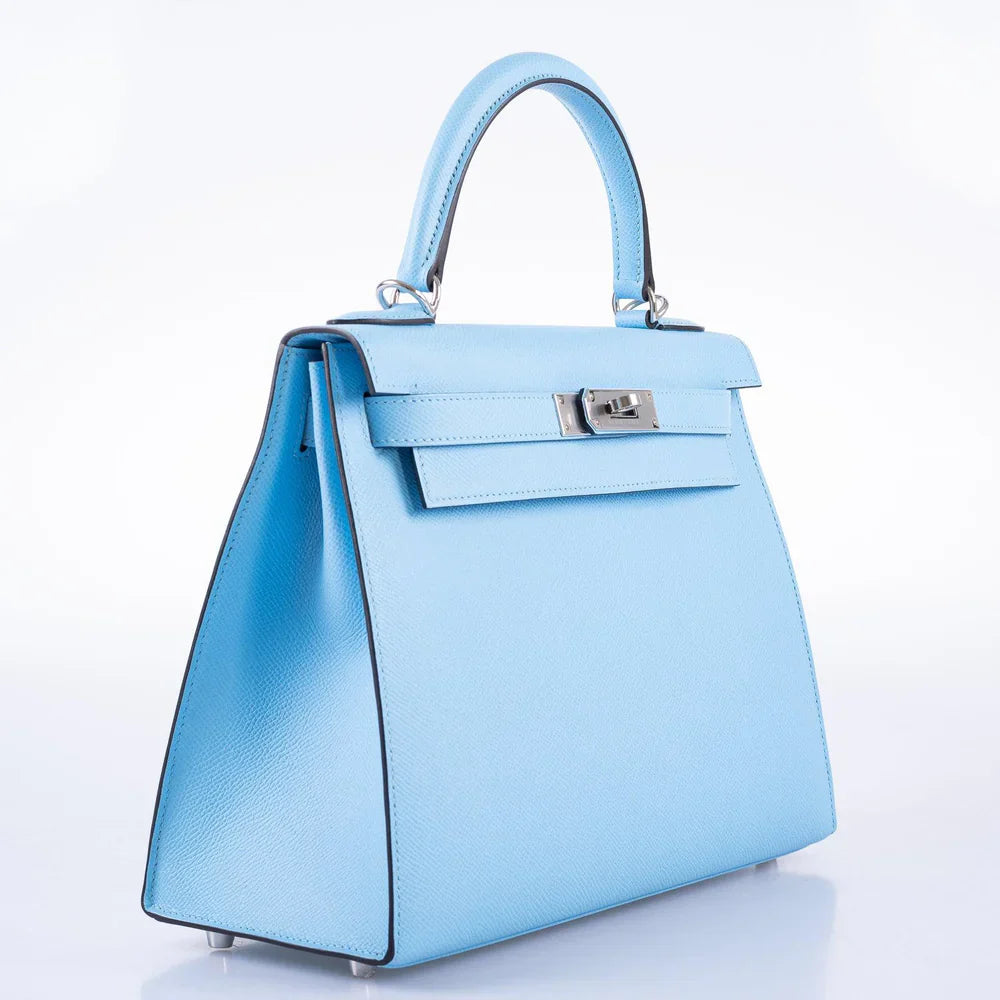 KELLY 28 SELLIER BLEU CELESTE EPSOM PALLADIUM HARDWARE