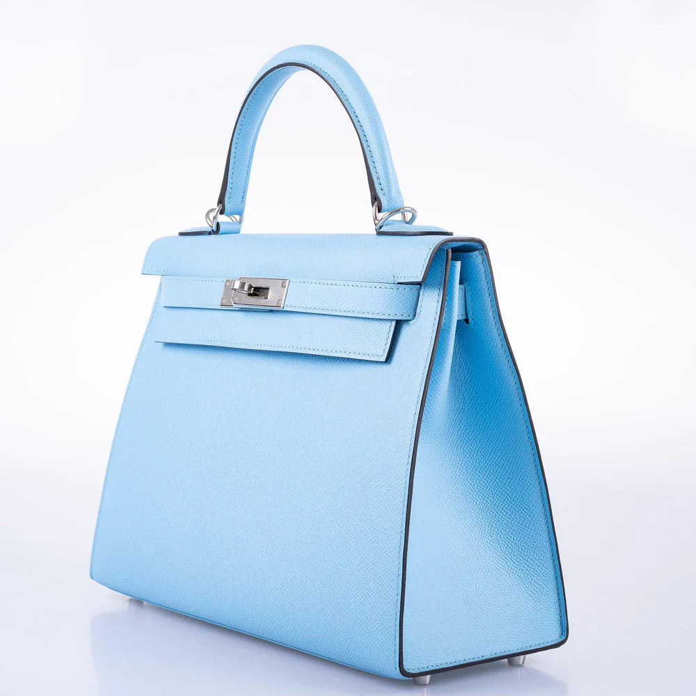 KELLY 28 SELLIER BLEU CELESTE EPSOM PALLADIUM HARDWARE
