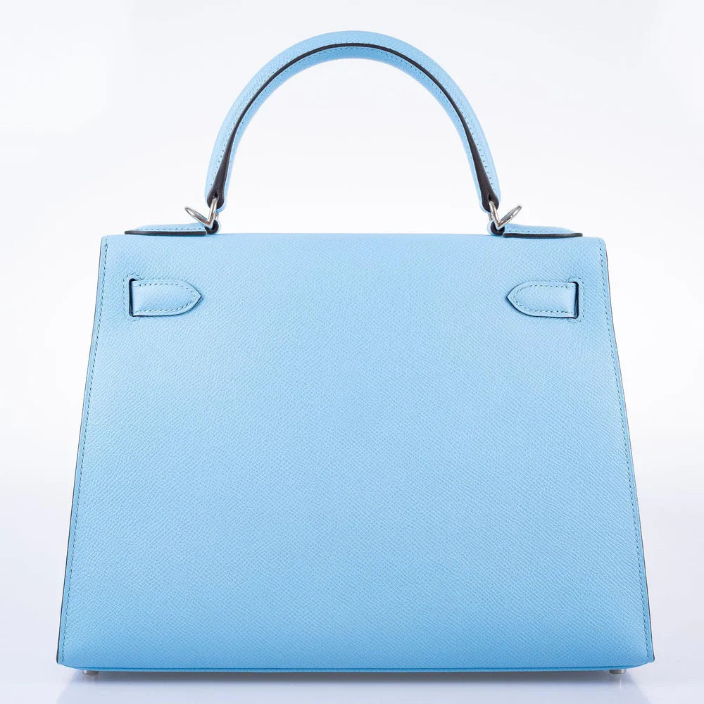 KELLY 28 SELLIER BLEU CELESTE EPSOM PALLADIUM HARDWARE