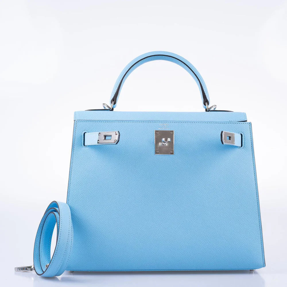 KELLY 28 SELLIER BLEU CELESTE EPSOM PALLADIUM HARDWARE