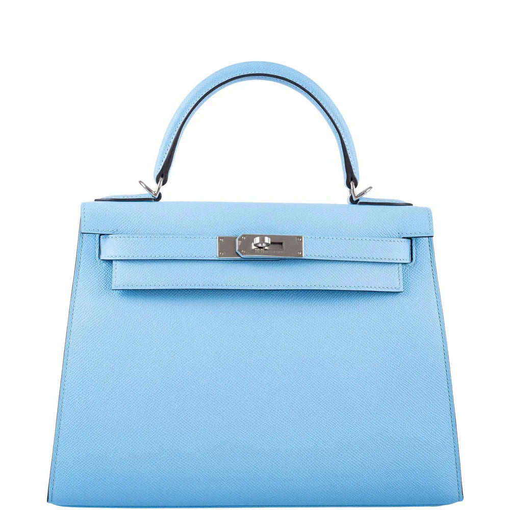 KELLY 28 SELLIER BLEU CELESTE EPSOM PALLADIUM HARDWARE