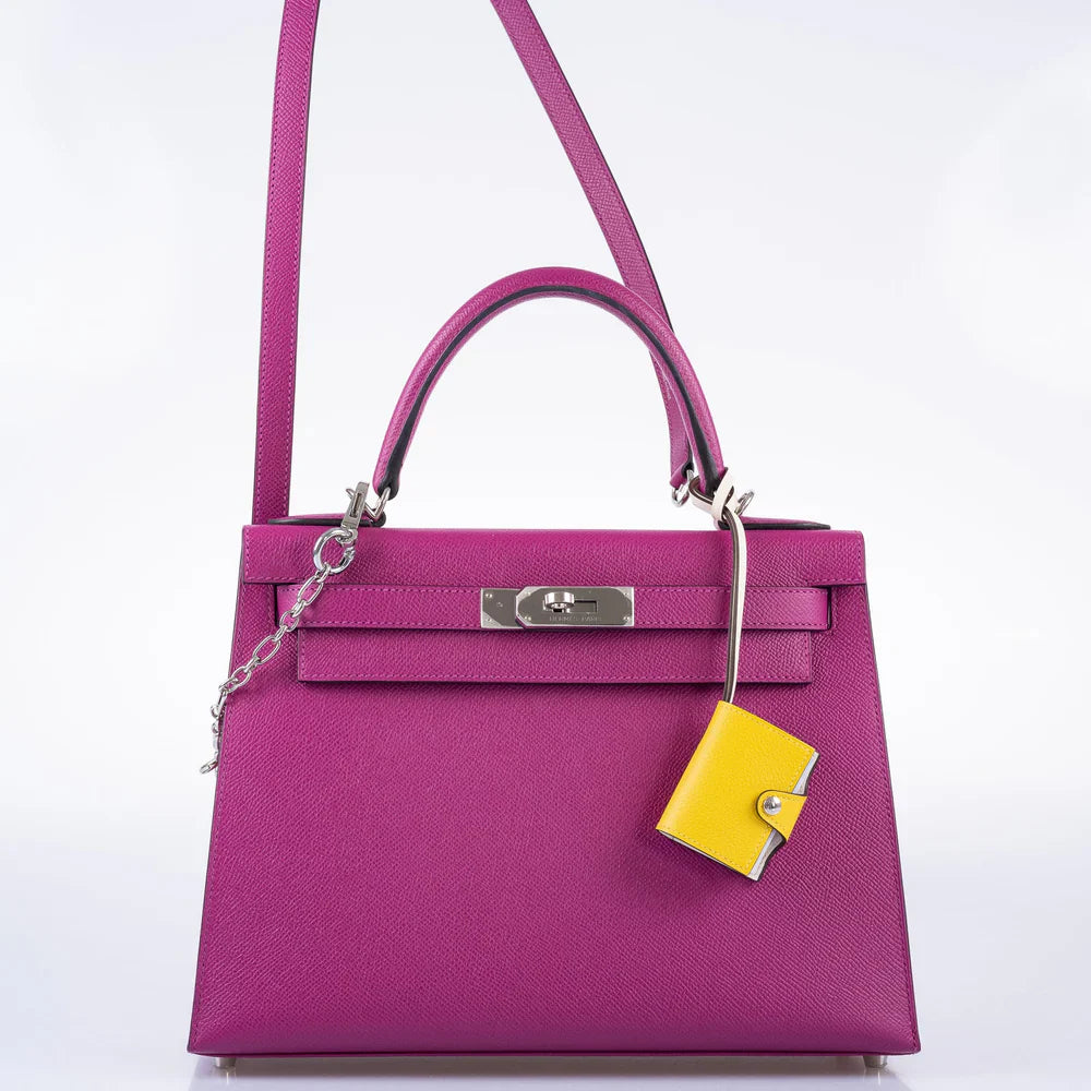 KELLY 28 SELLIER ROSE POURPRE EPSOM PALLADIUM HARDWARE