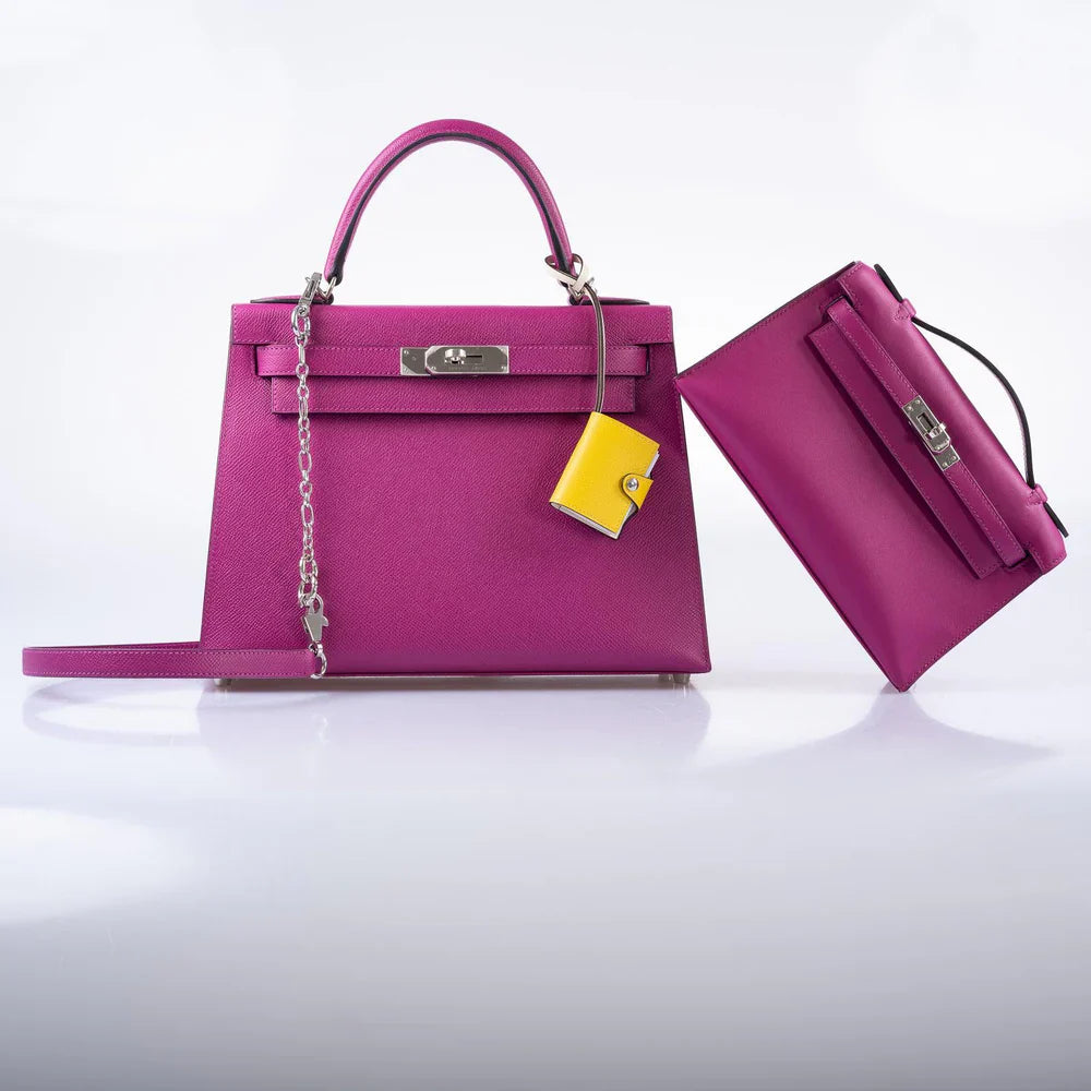 KELLY 28 SELLIER ROSE POURPRE EPSOM PALLADIUM HARDWARE