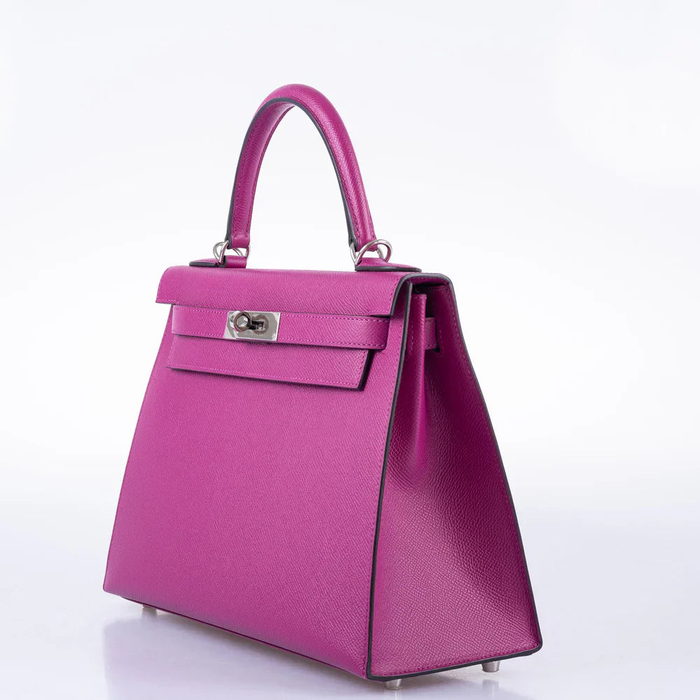 KELLY 28 SELLIER ROSE POURPRE EPSOM PALLADIUM HARDWARE