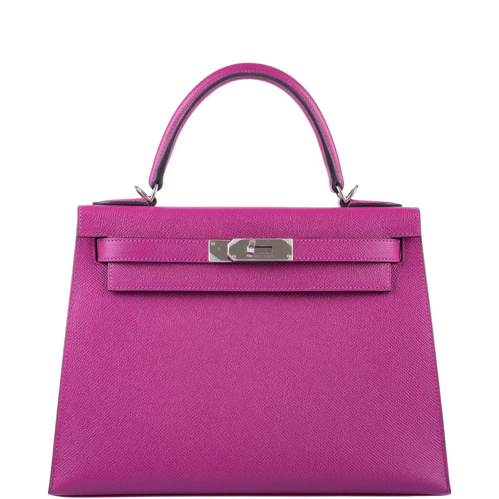 KELLY 28 SELLIER ROSE POURPRE EPSOM PALLADIUM HARDWARE