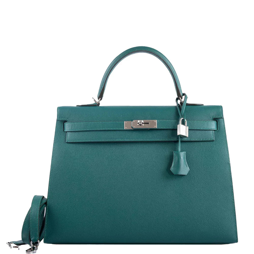 KELLY 35 SELLIER MALACHITE EPSOM PALLADIUM HARDWARE