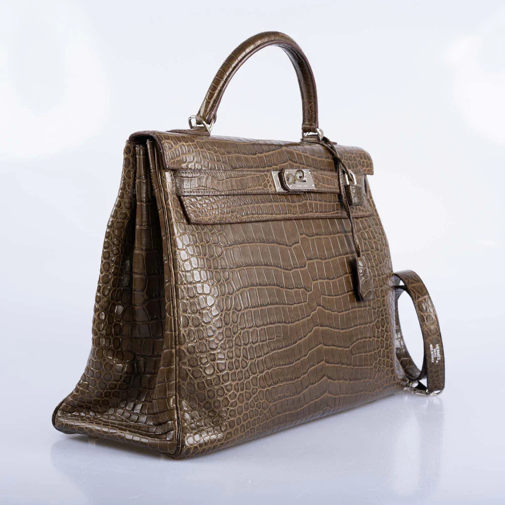 KELLY 40 RETOURNE GRIS ELEPHANT MATTE POROSUS CROCODILE PALLADIUM HARDWARE