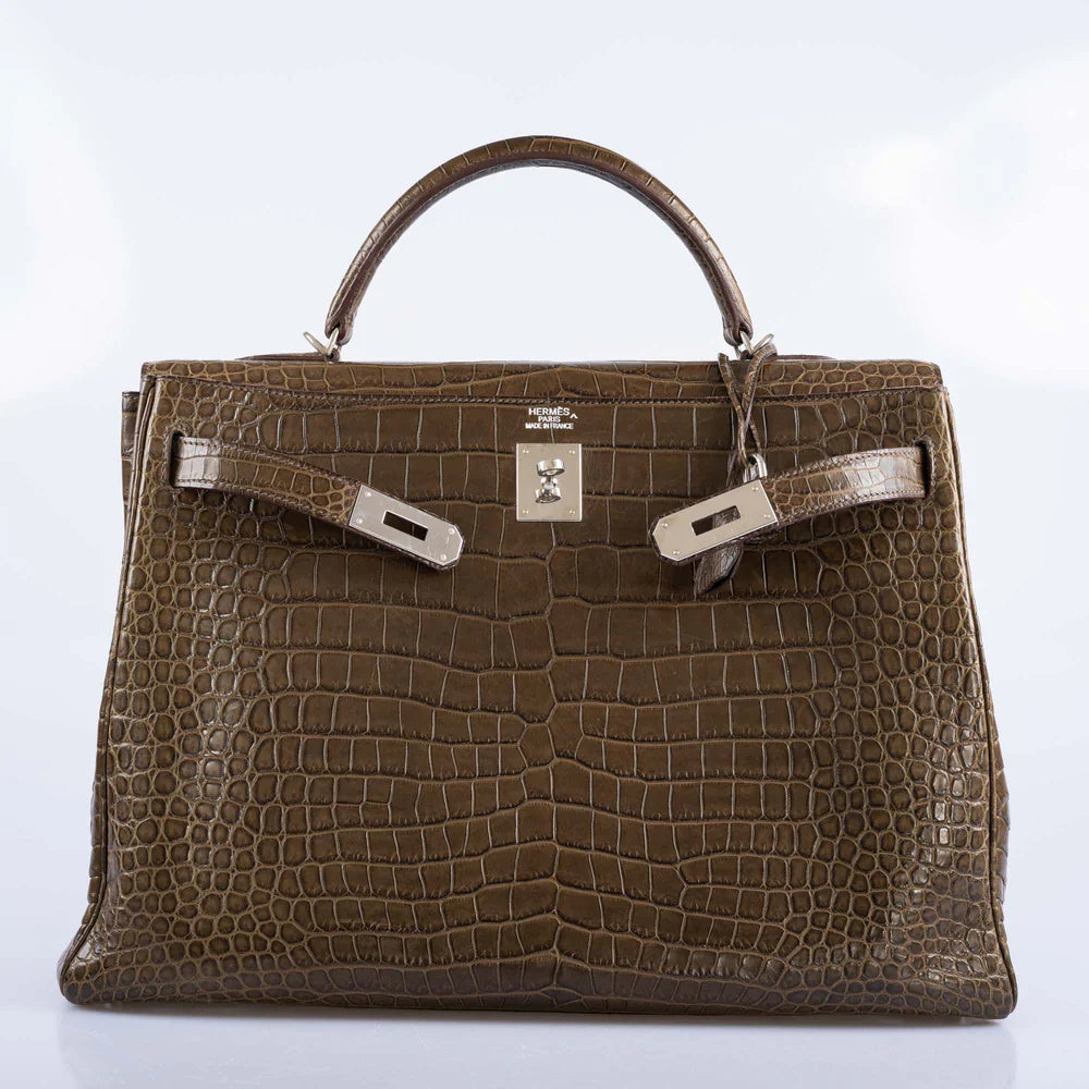 KELLY 40 RETOURNE GRIS ELEPHANT MATTE POROSUS CROCODILE PALLADIUM HARDWARE