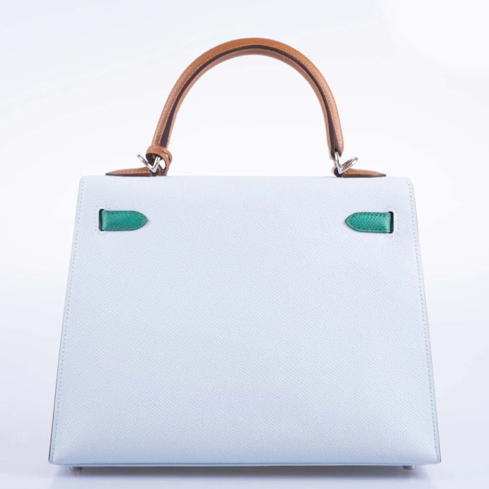 KELLY SELLIER 25 TRI-COLOR BLEU BRUME, VERT JADE AND GOLD EPSOM PALLADIUM HARDWARE