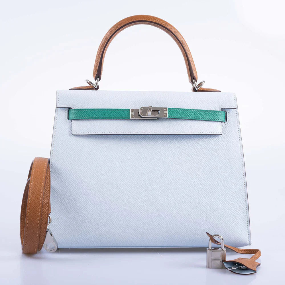 KELLY SELLIER 25 TRI-COLOR BLEU BRUME, VERT JADE AND GOLD EPSOM PALLADIUM HARDWARE