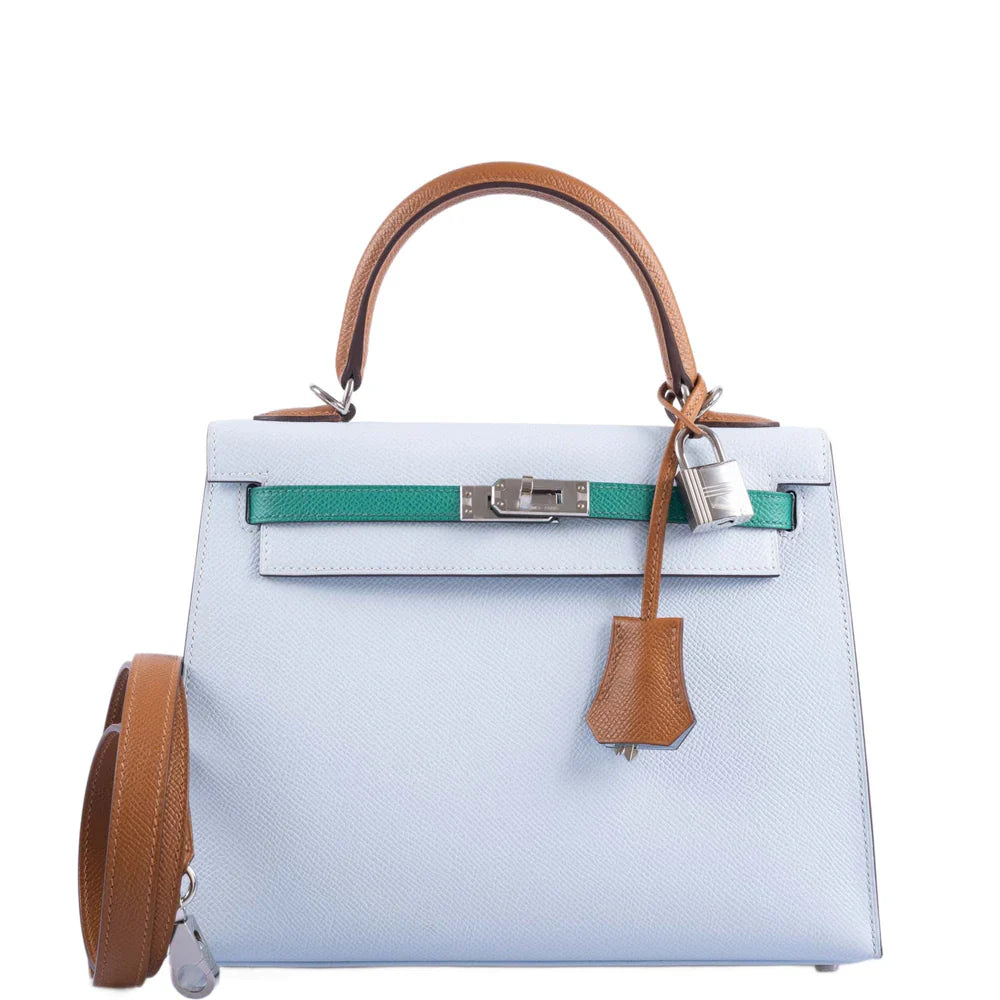 KELLY SELLIER 25 TRI-COLOR BLEU BRUME, VERT JADE AND GOLD EPSOM PALLADIUM HARDWARE