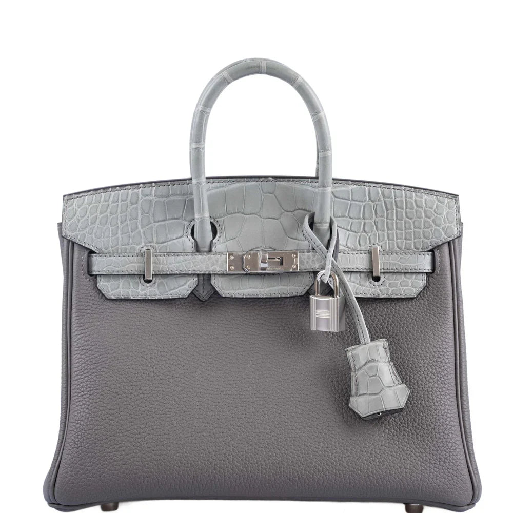 TOUCH BIRKIN 25 GRIS MEYER TOGO AND GRIS CEMENT MATTE ALLIGATOR PALLADIUM HARDWARE